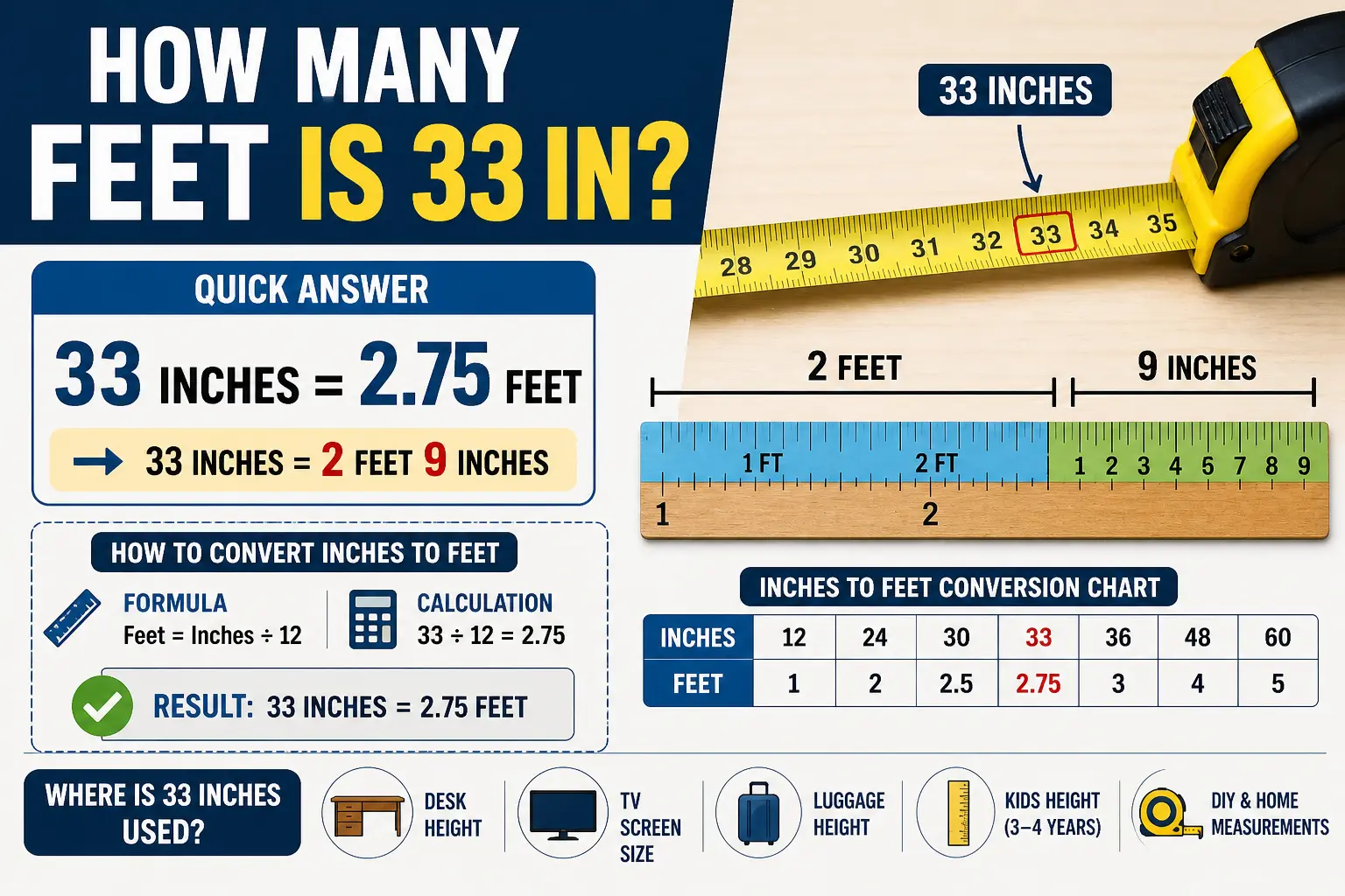 how many feet is 33 in
