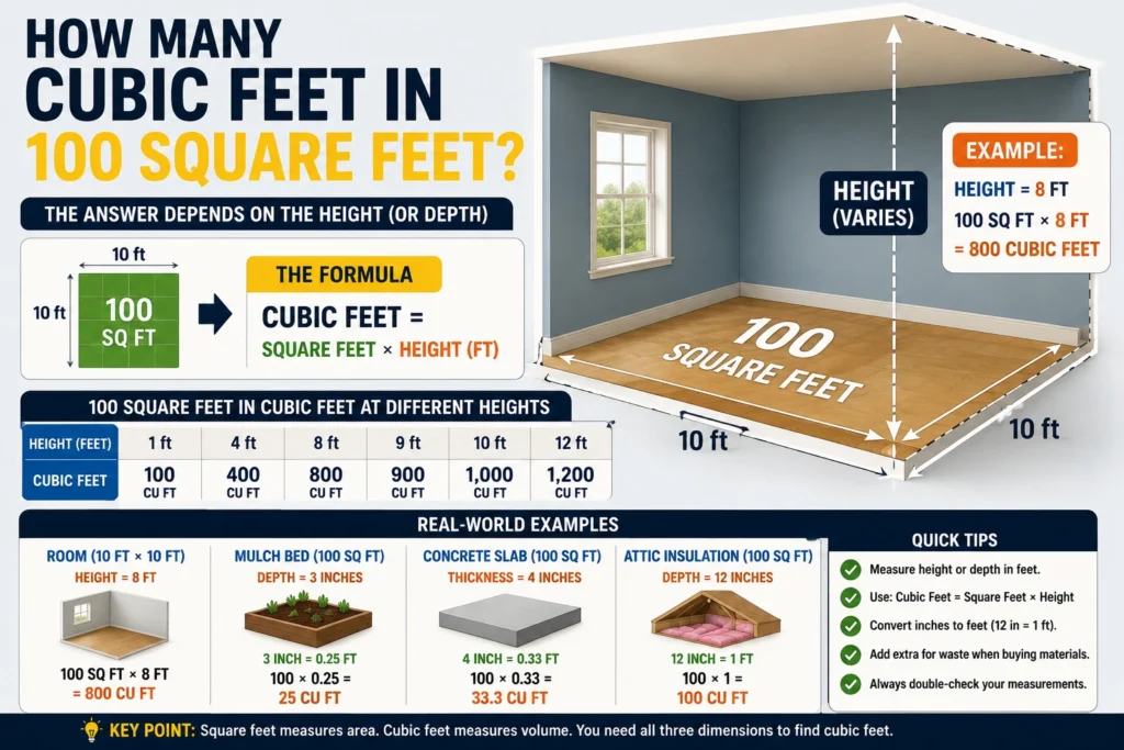 how many cubic feet in 100 square feet