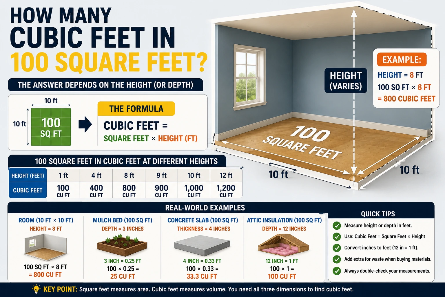how many cubic feet in 100 square feet