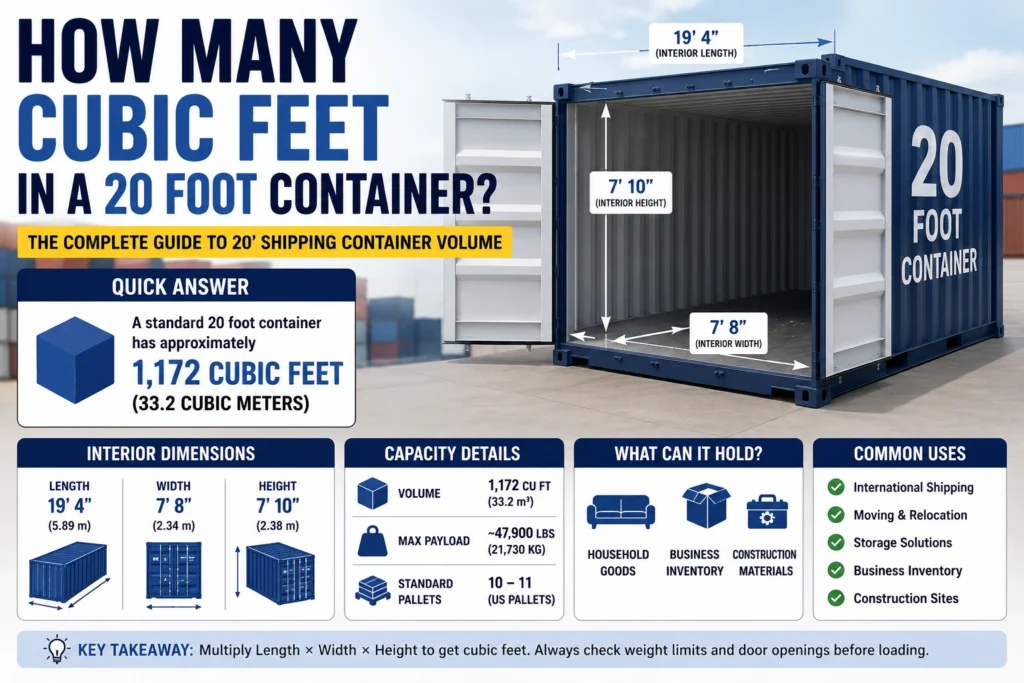 how many cubic feet in a 20 foot container
