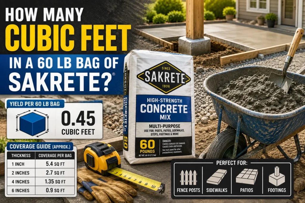 how many cubic feet in a 60 lb bag of sakrete