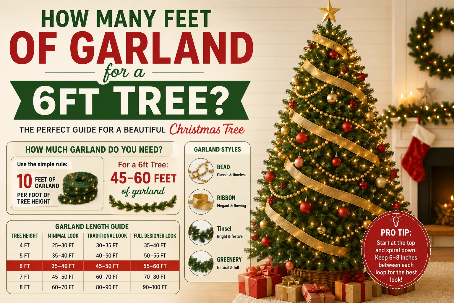 how many feet of garland for a 6ft tree