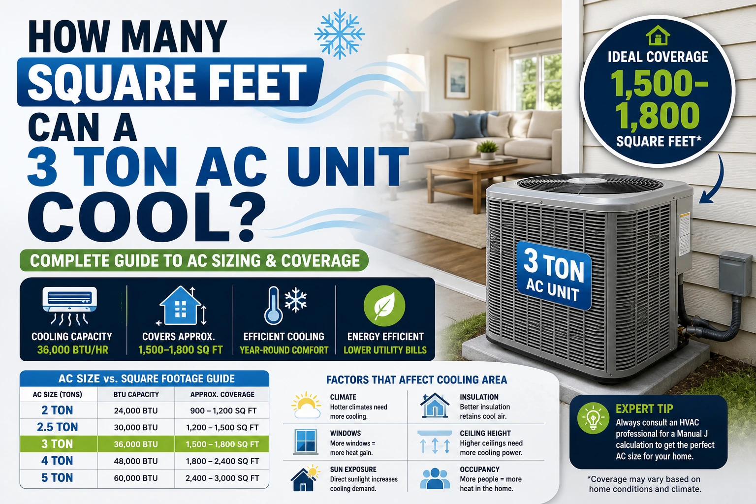 how many square feet can a 3 ton ac unit cool