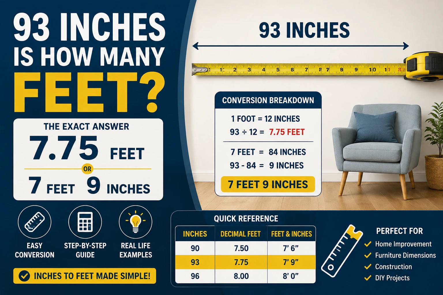 93 inches is how many feet