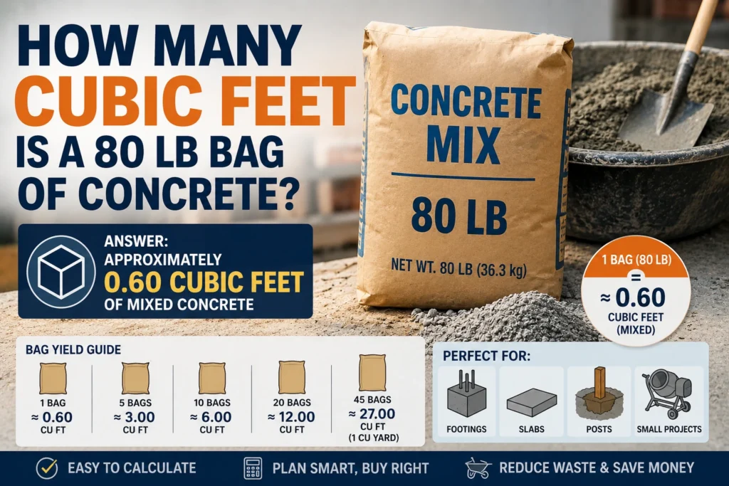 how many cubic feet is a 80 lb bag of concrete