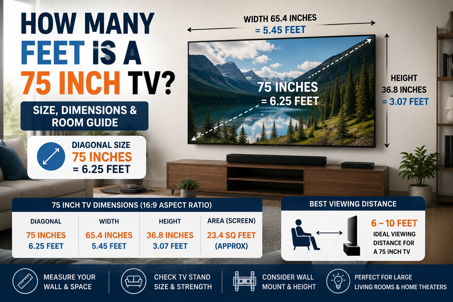 how many feet is a 75 inch tv